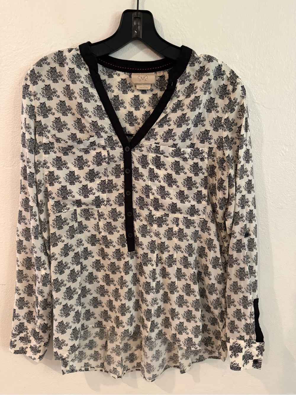 Black & White Button-Front Henley Blouse
